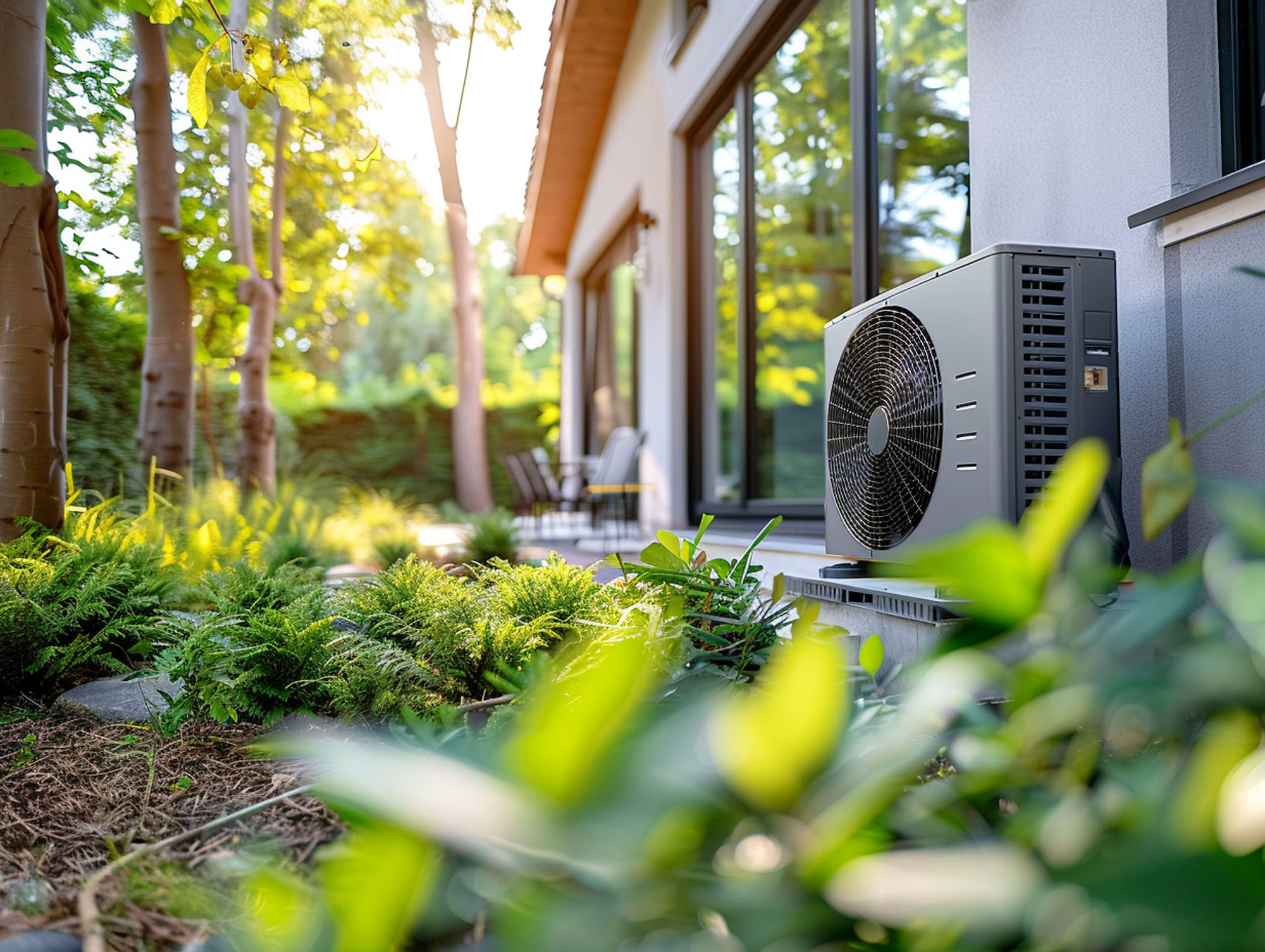 there is air conditioner outside house with lot greenery generative ai